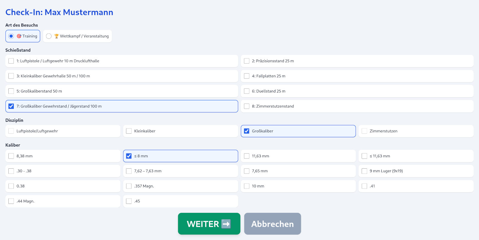 Check-In Anmeldefenster
