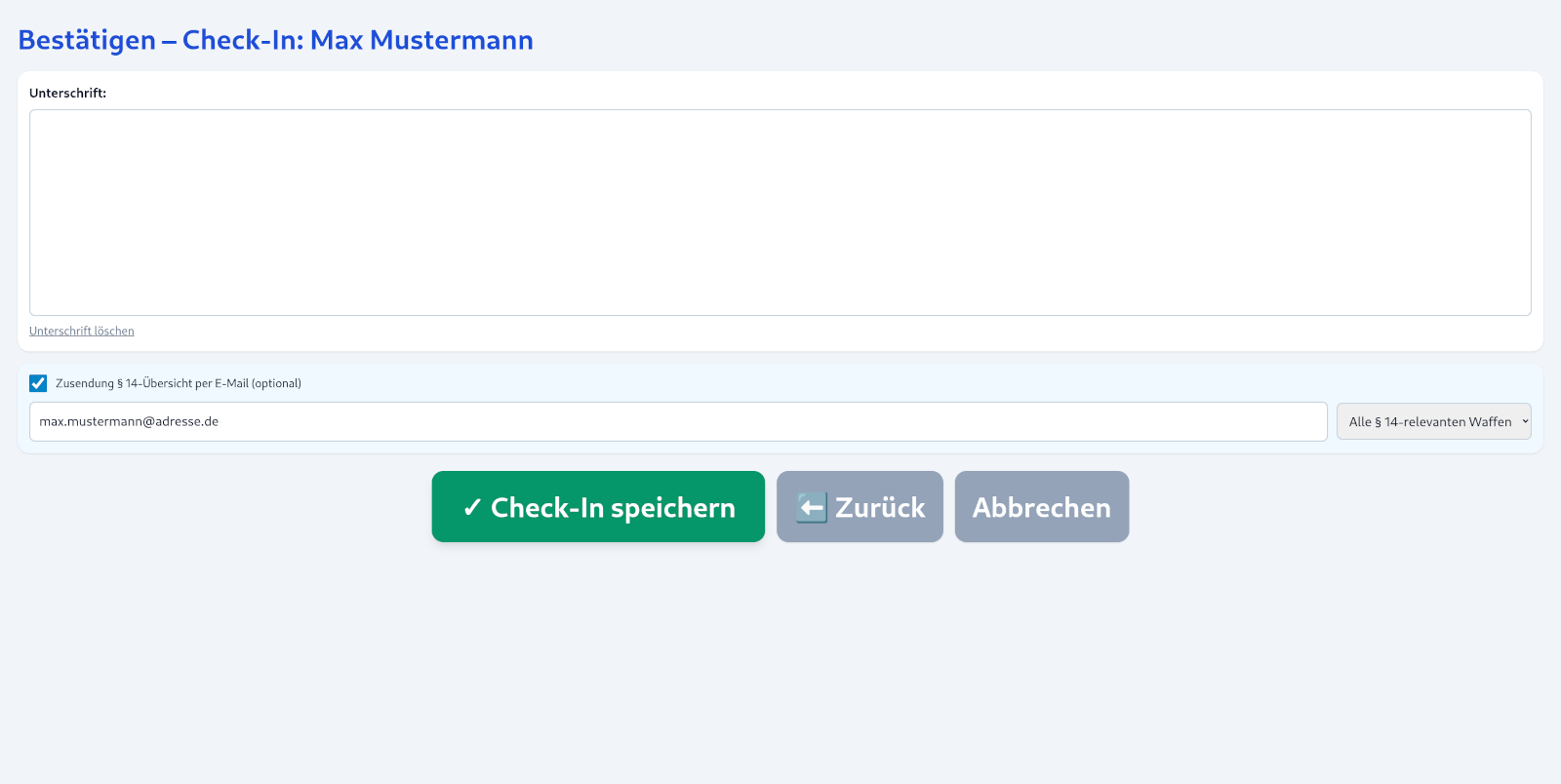 Check-In Unterschrift