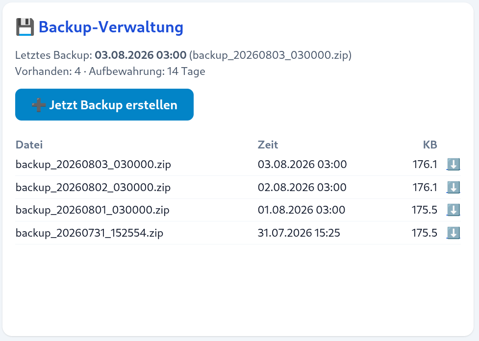Einstellungen – Backup-Verwaltung mit Statusanzeige und Backup-Liste