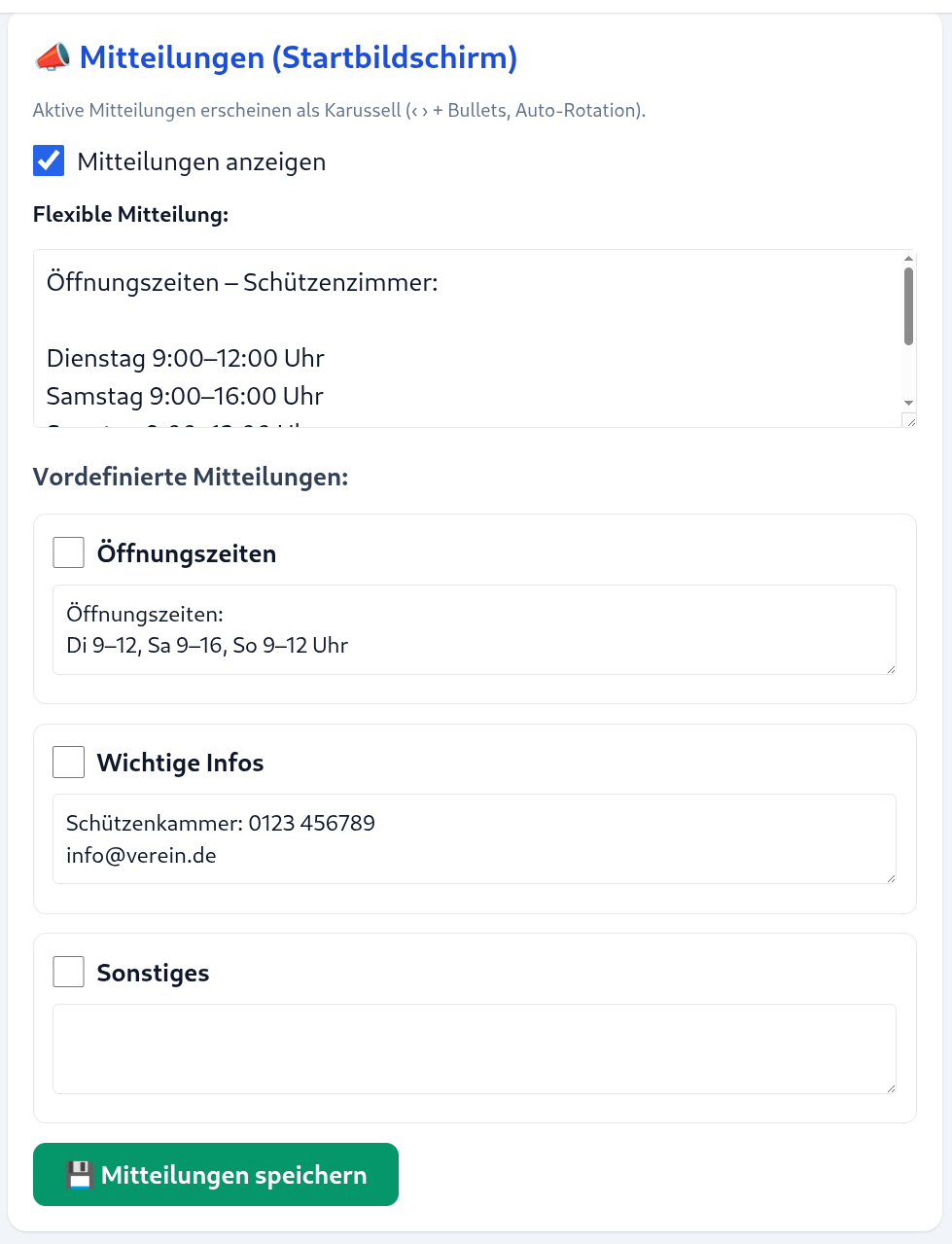 Einstellungen – Mitteilungen: flexible und vordefinierte Mitteilungen