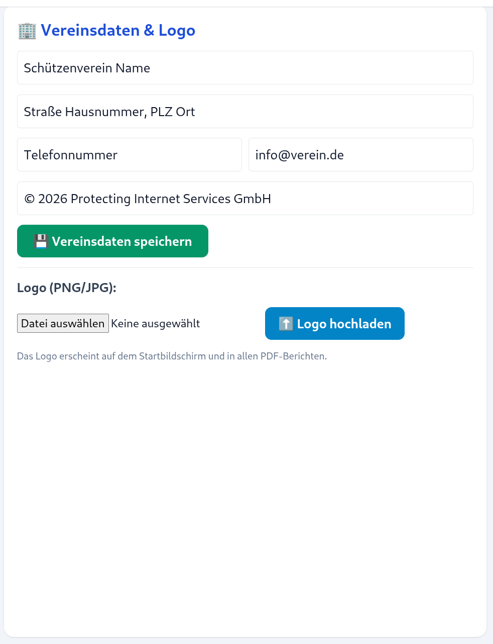 Einstellungen – Vereinsdaten, Logo-Upload, Auto-Check-out-Modus und Kiosk-Schriftgröße