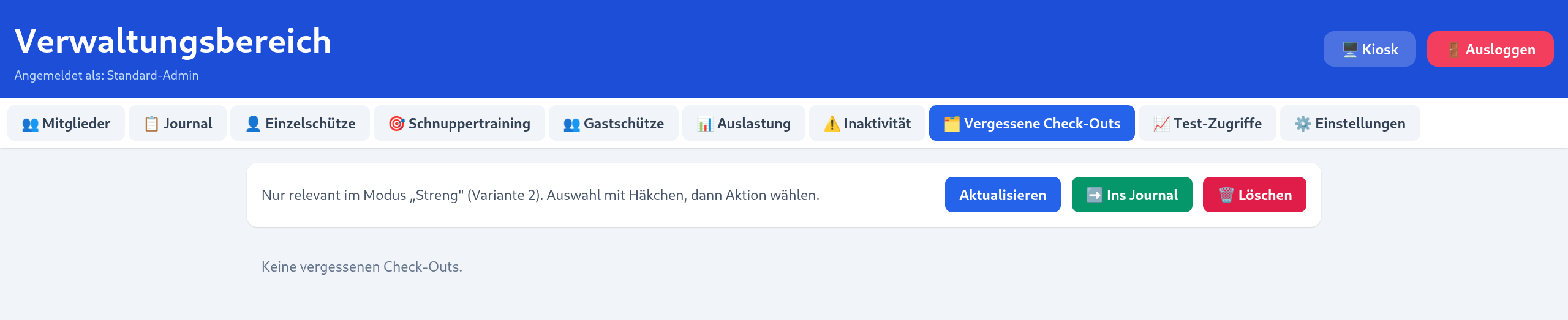 Registerkarte Vergessene Check-Outs
